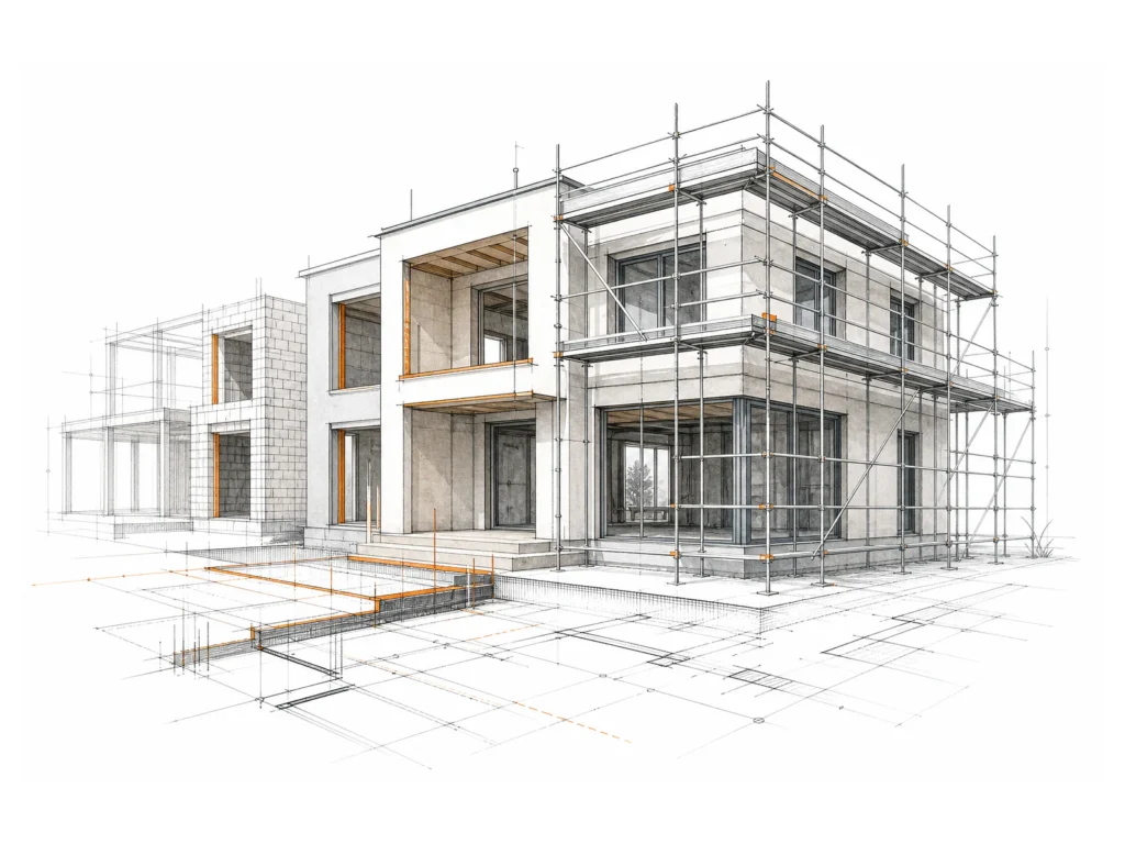 Architekturillustration eines modernen Hauses im Bau mit Gerüst sowie Grundriss- und Messlinien