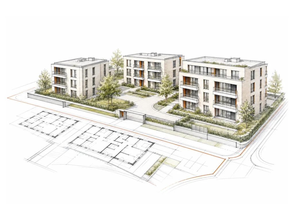 Architekturillustration einer zusammenhängenden Projektentwicklung mit Wohngebäuden, Grundstück und Grundrissen