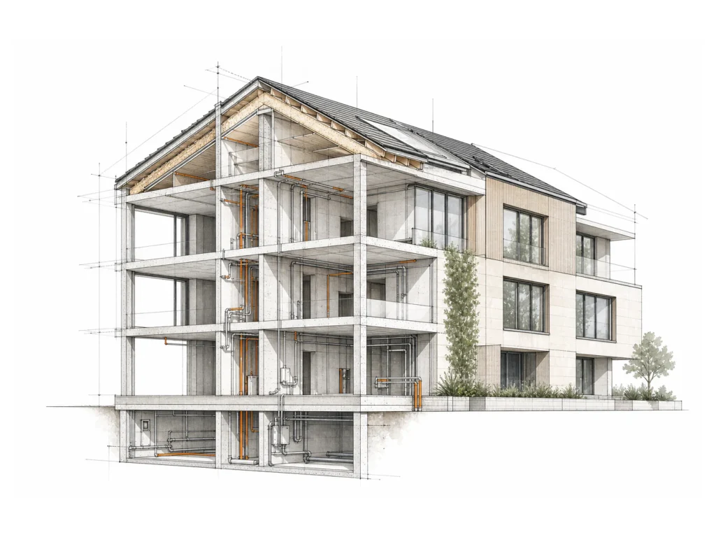 Architekturillustration eines koordinierten Bauvorhabens mit Tragwerk, Fassade, Dach und Haustechnik
