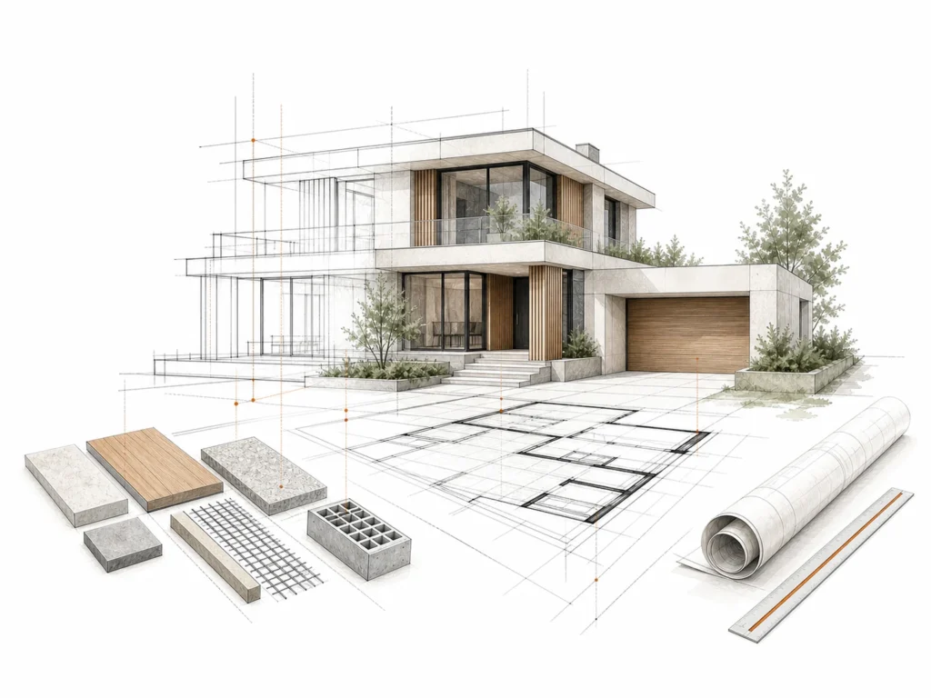 Modernes Wohnhaus über Grundriss und Materialebenen als Symbol für Planung, Kostentransparenz und Baubetreuung