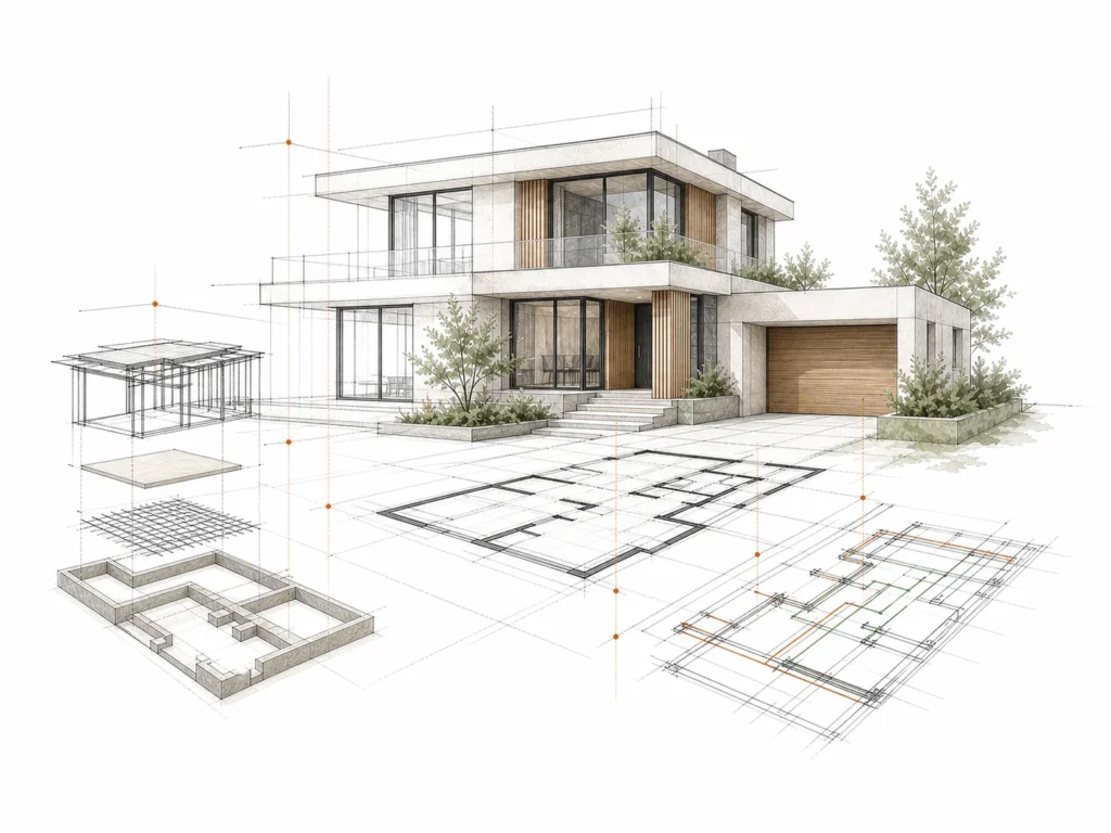Wohnhaus mit verbundenen Planungs- und Konstruktionsebenen als Symbol für die zentrale Projektkoordination