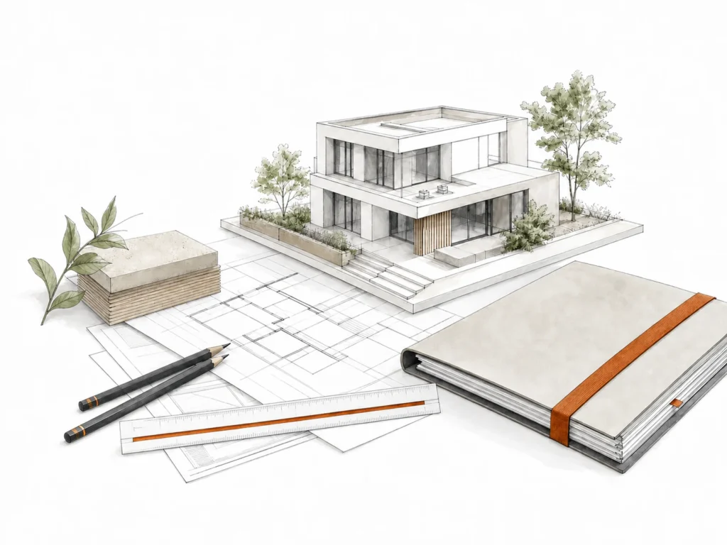 Architekturmodell, Baupläne und Arbeitsmaterialien als Symbol für die Mitarbeit beim BBZ