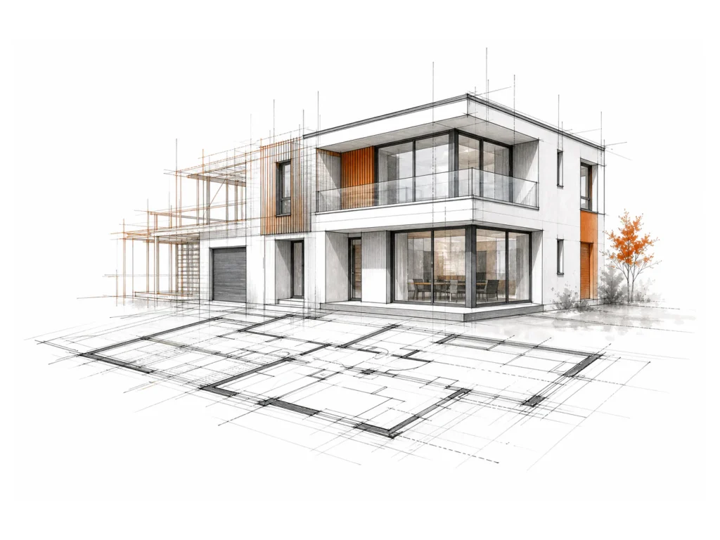 Architekturillustration eines modernen Einfamilienhauses, das aus Grundriss und Konstruktionsebenen hervorgeht