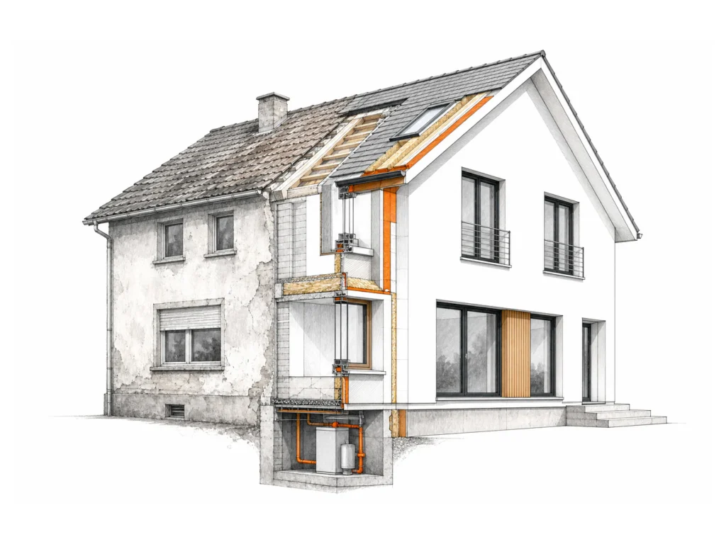 Architekturillustration eines Bestandsgebäudes mit sanierter Hälfte sowie Details zu Dach, Gebäudehülle und Haustechnik